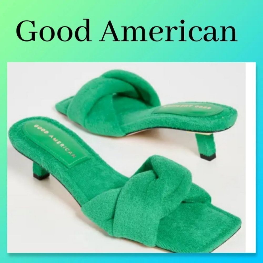 NIB Good American Terry Kickstand Mules Green Terry